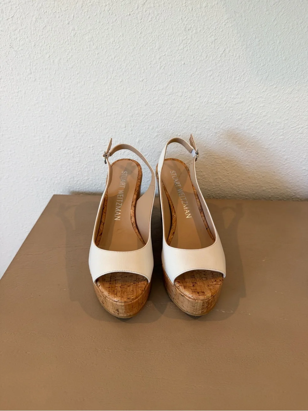 Stuart Weitzman White Cork Wedge Slingback Sandals - Picture 2 of 5